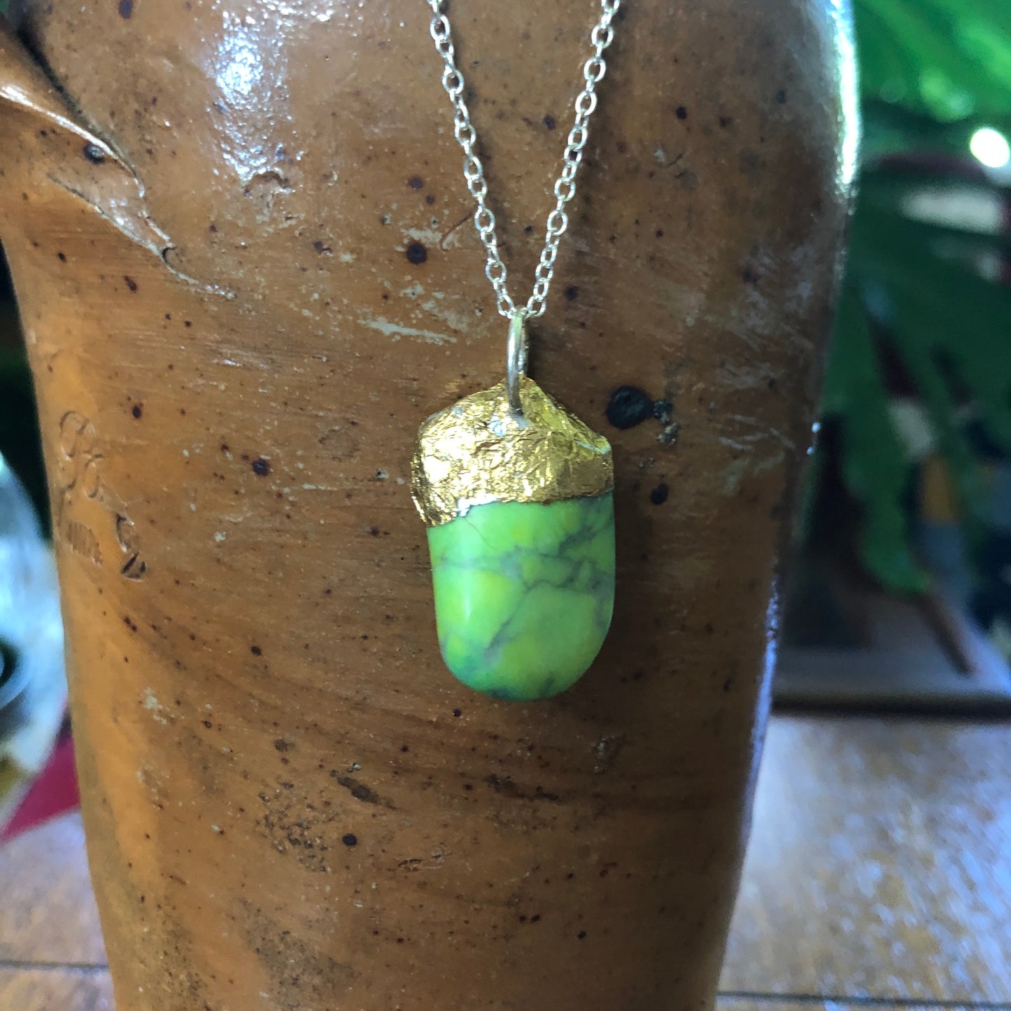 Artisan Made Green Rock Pendent Resembles a Gaspeite Handcrafted Necklace 1in x 1/2in