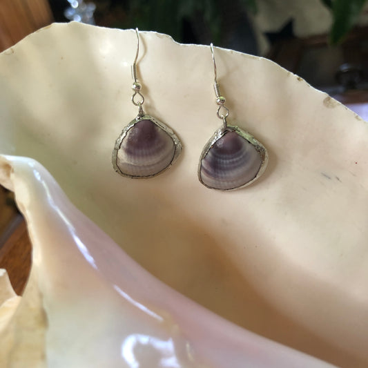 Amethyst Gem Clam Artisan Made Earrings Handcrafted Purple Sea Shell Dangle Earrings