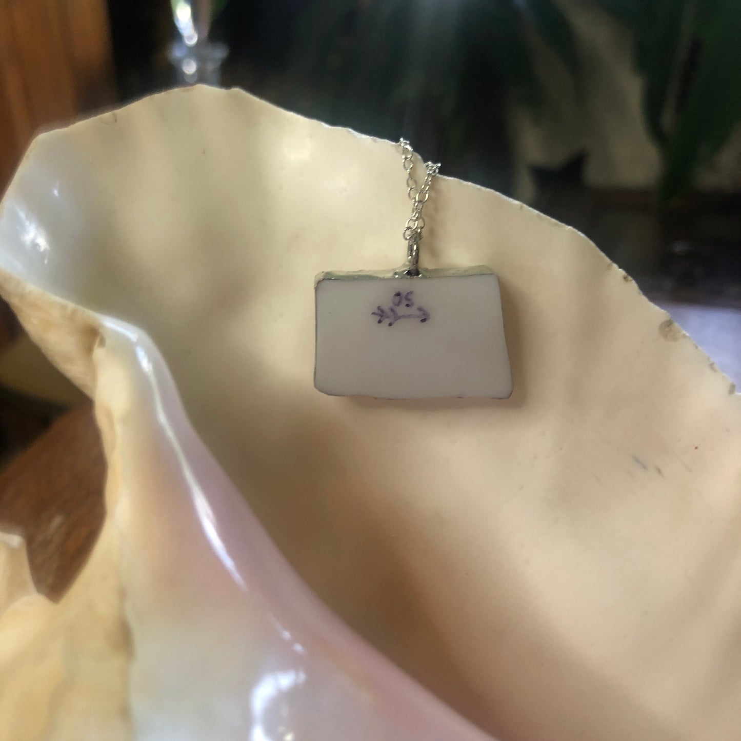 Broken Pottery Artisan Made Pendent Norcrest Hand Painted Plate Handcrafted Necklace 3/4in x 1in