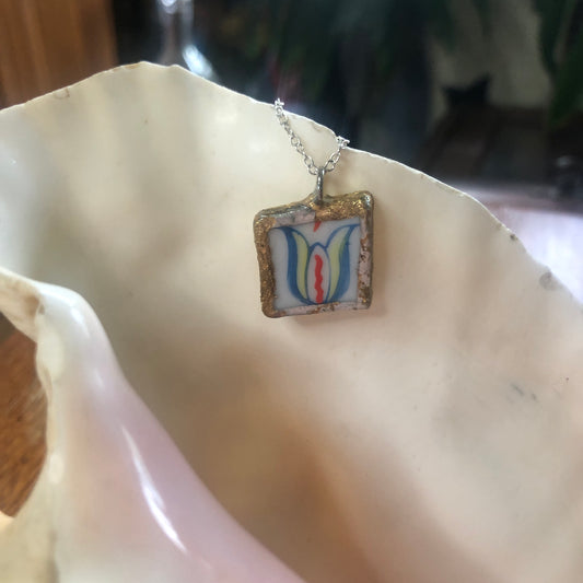 Broken Pottery Artisan Made Pendent Norcrest Hand Painted Plate Handcrafted Necklace 3/4in x 3/4in