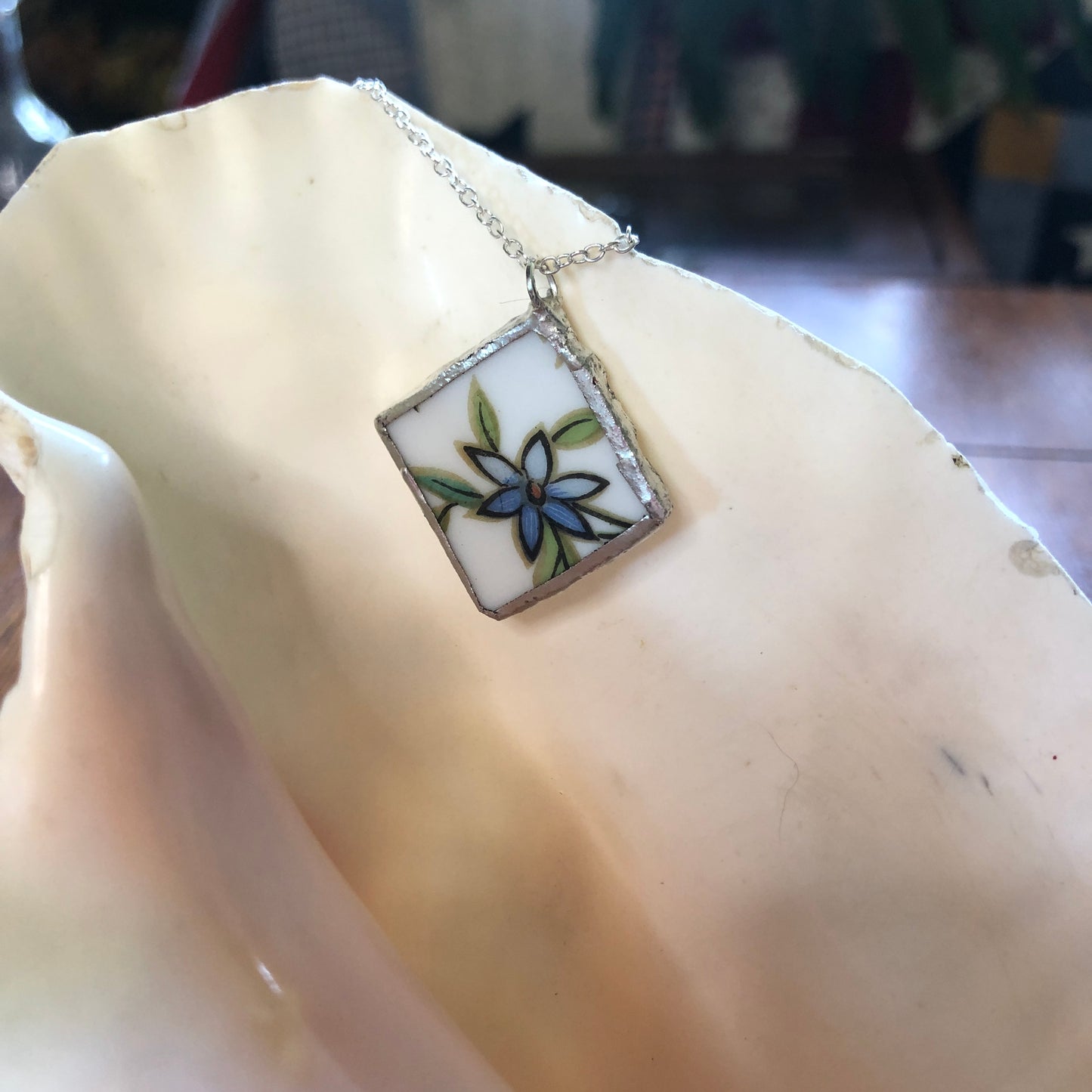Broken Pottery Artisan Made Pendent Aladdin Fine China Fantasia Occupied Japan Plate Handcrafted Necklace 1.25in x  1.25in