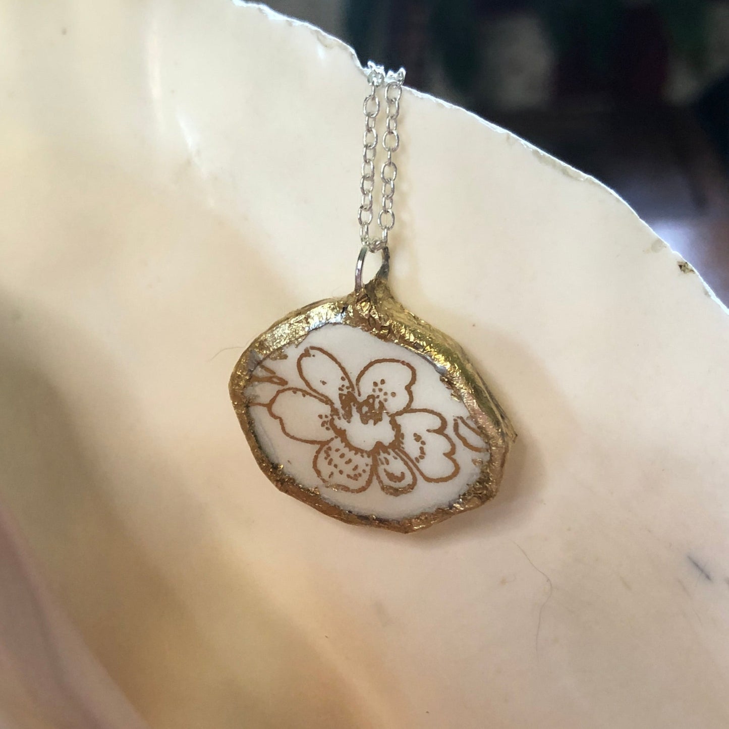 Broken Pottery Artisan Made Pendent Royal China Plate Handcrafted Necklace 1in x 7/8in