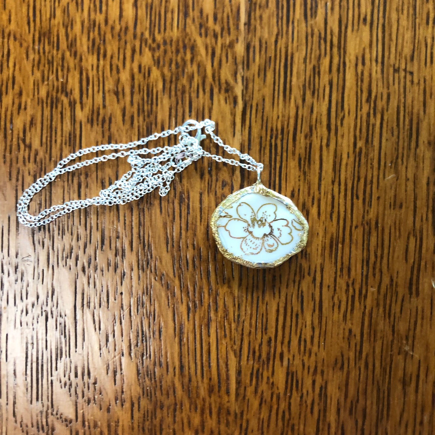 Broken Pottery Artisan Made Pendent Royal China Plate Handcrafted Necklace 1in x 7/8in