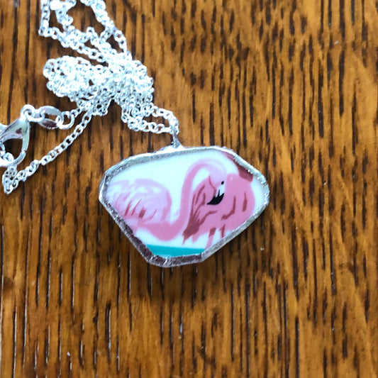 Broken Pottery Artisan Made Pendent Stoneware Flamingo Plate Handcrafted Necklace 1.25in x 3/4in