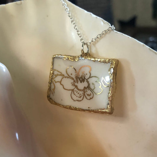 Broken Pottery Artisan Made Pendent Royal China Plate Handcrafted Necklace 1.25in x 1in