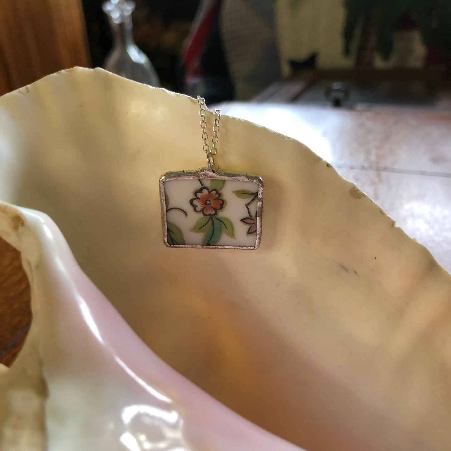 Broken Pottery Artisan Made Pendent Aladdin Fine China Fantasia Occupied Japan Plate Handcrafted Necklace 1in x  7/8in
