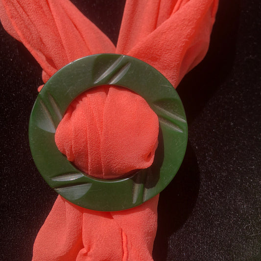Green Carved Bakelite Buckle Scarf Holder