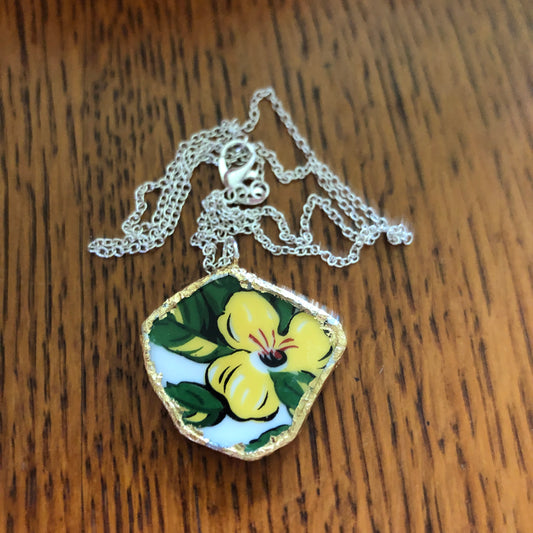 Broken Pottery Artisan Made Allamanda Flower Pendent Hawaii Collectors Plate Handcrafted Necklace 1.25in x 1in