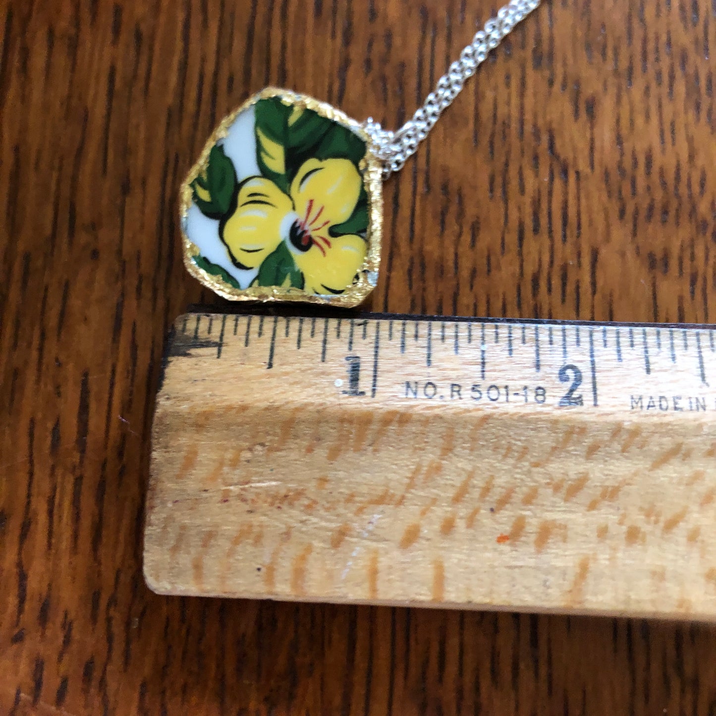 Broken Pottery Artisan Made Allamanda Flower Pendent Hawaii Collectors Plate Handcrafted Necklace 1.25in x 1in