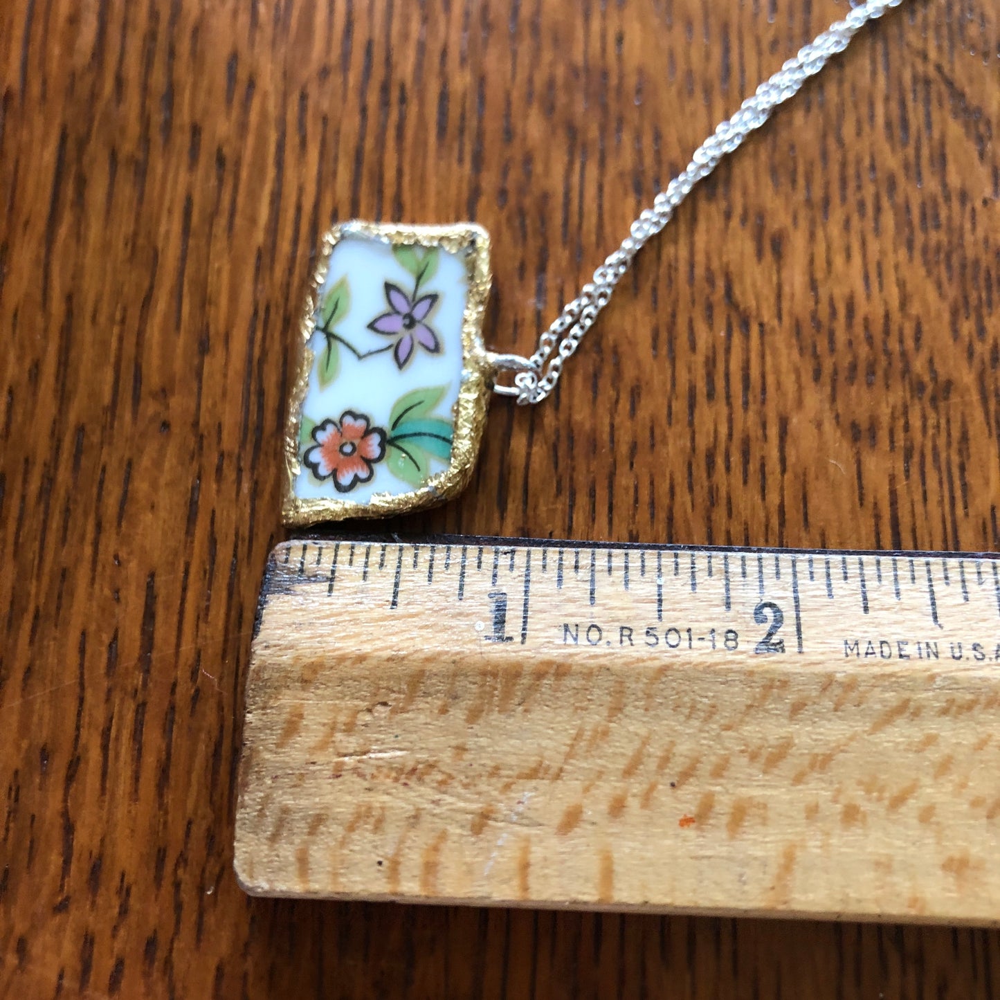 Broken Pottery Artisan Made Pendent Aladdin Fine China Fantasia Occupied Japan Plate Handcrafted Necklace 1.25in x  3/4in
