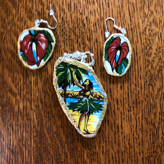 Broken Pottery Artisan Made Hula Dancer Pendent And Anthurium Flower Dangle Earring Hawaii Collectors Plate Handcrafted Jewelry Set