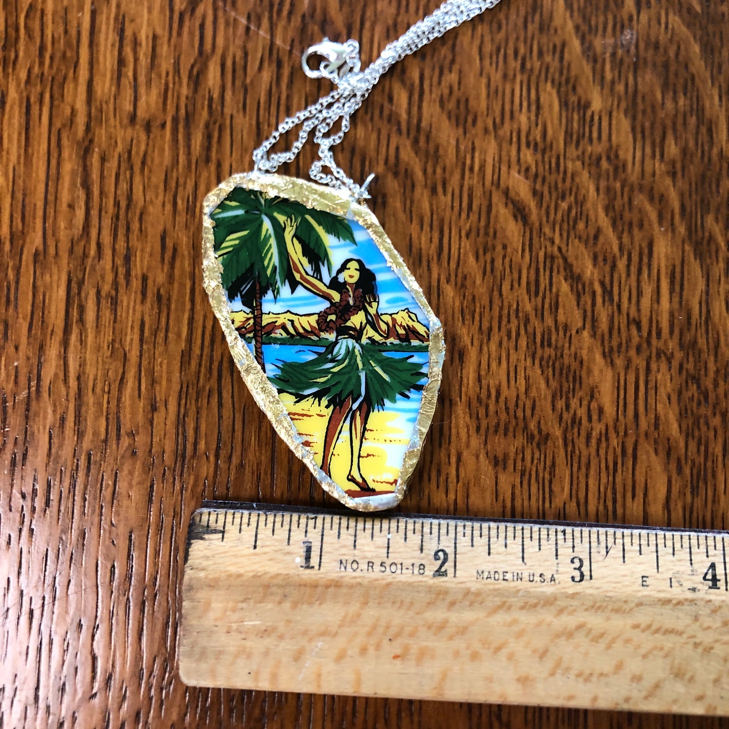 Broken Pottery Artisan Made Hula Dancer Pendent And Anthurium Flower Dangle Earring Hawaii Collectors Plate Handcrafted Jewelry Set