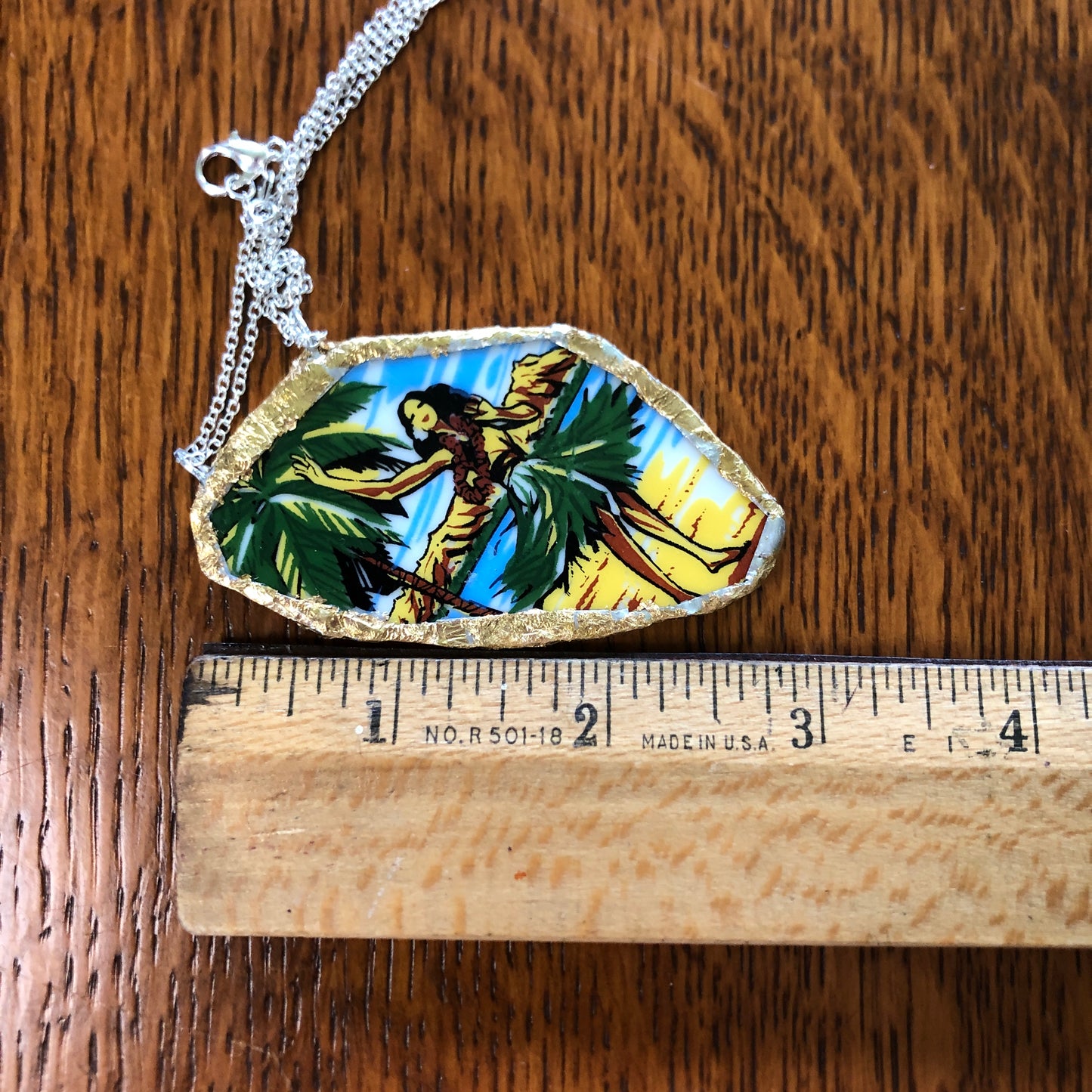 Broken Pottery Artisan Made Hula Dancer Pendent And Anthurium Flower Dangle Earring Hawaii Collectors Plate Handcrafted Jewelry Set