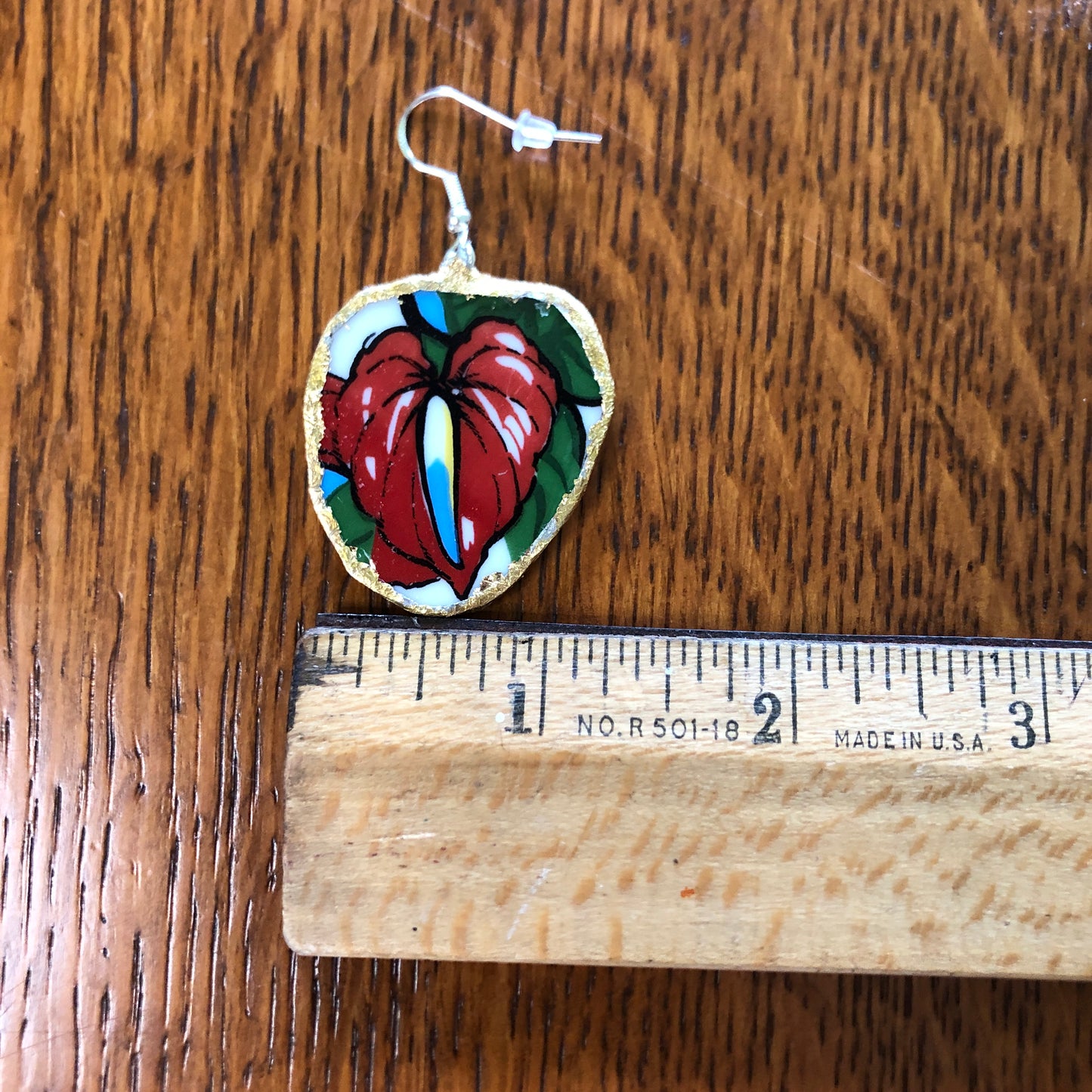 Broken Pottery Artisan Made Hula Dancer Pendent And Anthurium Flower Dangle Earring Hawaii Collectors Plate Handcrafted Jewelry Set