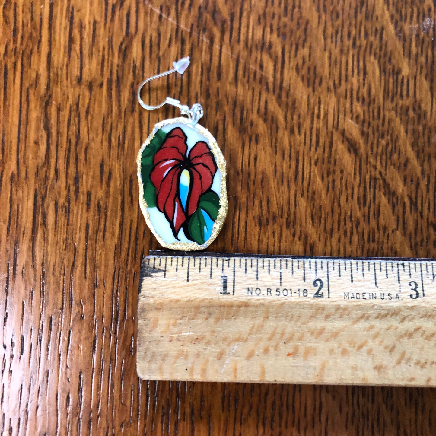 Broken Pottery Artisan Made Hula Dancer Pendent And Anthurium Flower Dangle Earring Hawaii Collectors Plate Handcrafted Jewelry Set