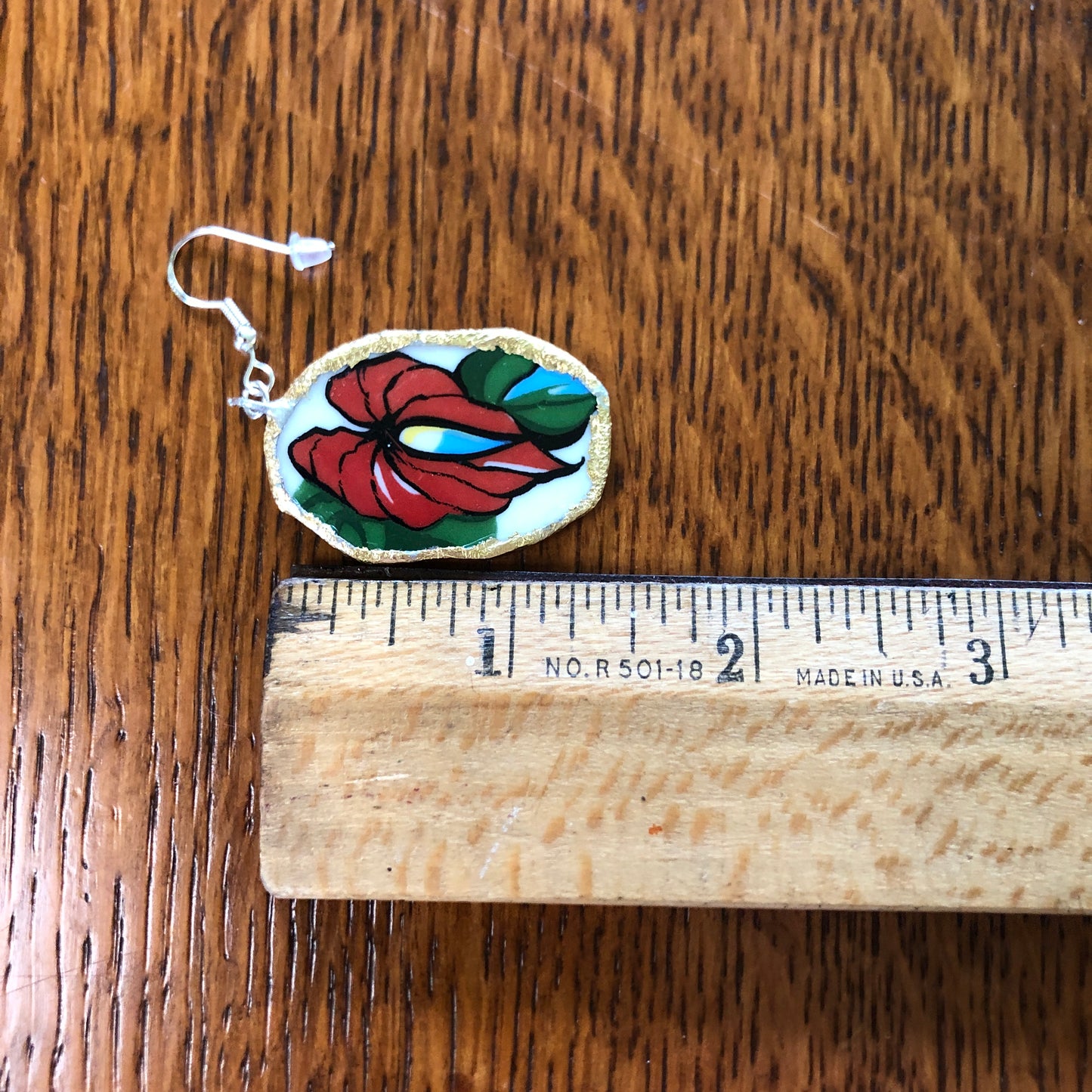 Broken Pottery Artisan Made Hula Dancer Pendent And Anthurium Flower Dangle Earring Hawaii Collectors Plate Handcrafted Jewelry Set