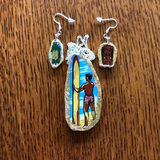 Broken Pottery Artisan Made Surfer Dude Pendent, Tiki And Pineapple Dangle Earrings Hawaii Collectors Plate Handcrafted Jewelry Set