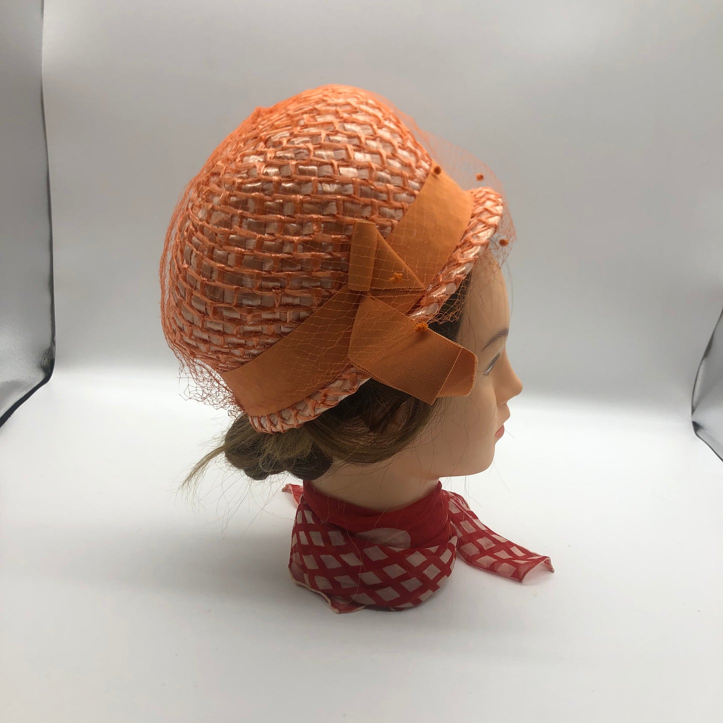 Orange Veiled Raffia Cloche Hat Ranleigh Brand 1960's Style Pipe Cleaner Dots Ribbon Hatband And Bow