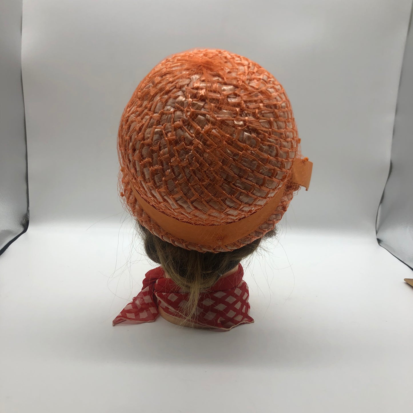 Orange Veiled Raffia Cloche Hat Ranleigh Brand 1960's Style Pipe Cleaner Dots Ribbon Hatband And Bow