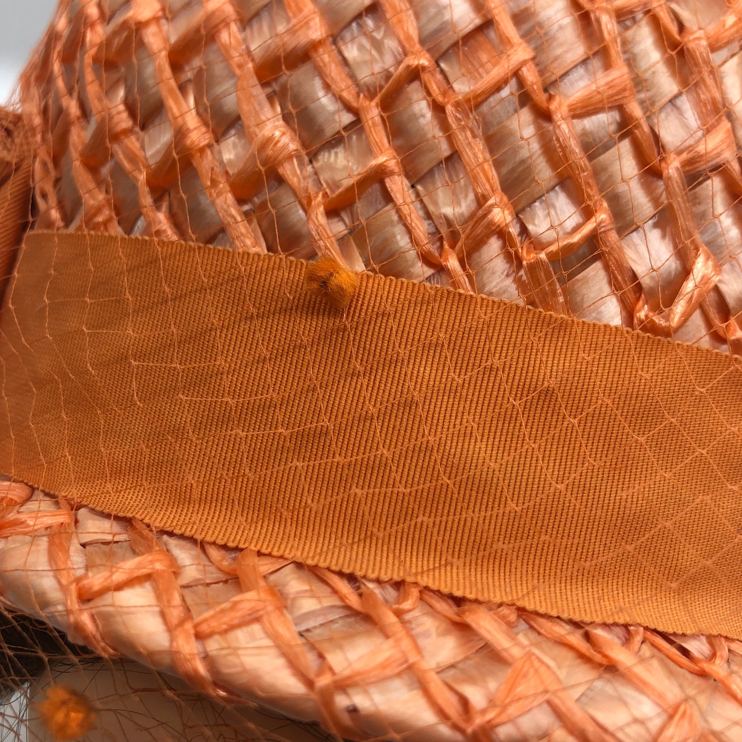 Orange Veiled Raffia Cloche Hat Ranleigh Brand 1960's Style Pipe Cleaner Dots Ribbon Hatband And Bow
