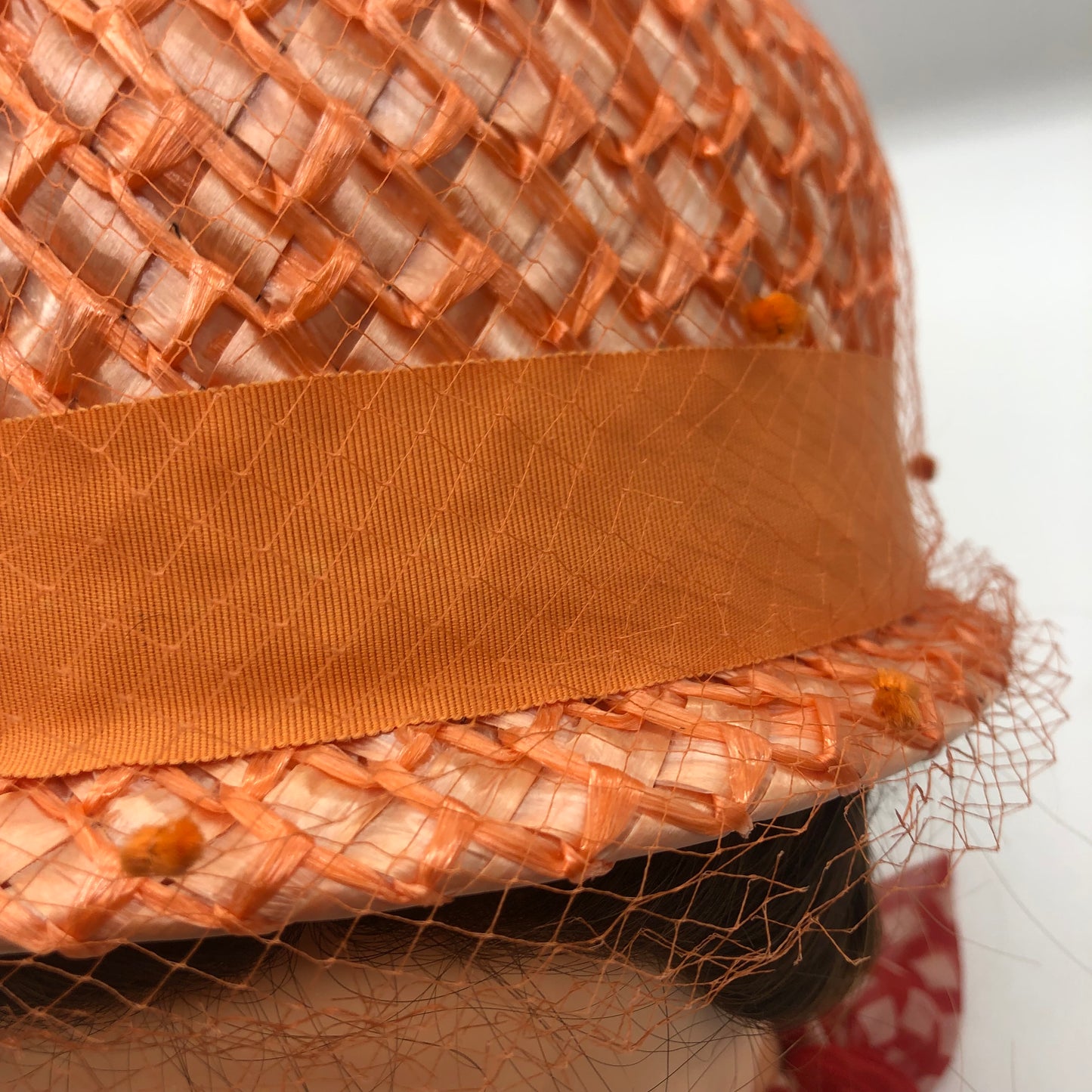 Orange Veiled Raffia Cloche Hat Ranleigh Brand 1960's Style Pipe Cleaner Dots Ribbon Hatband And Bow