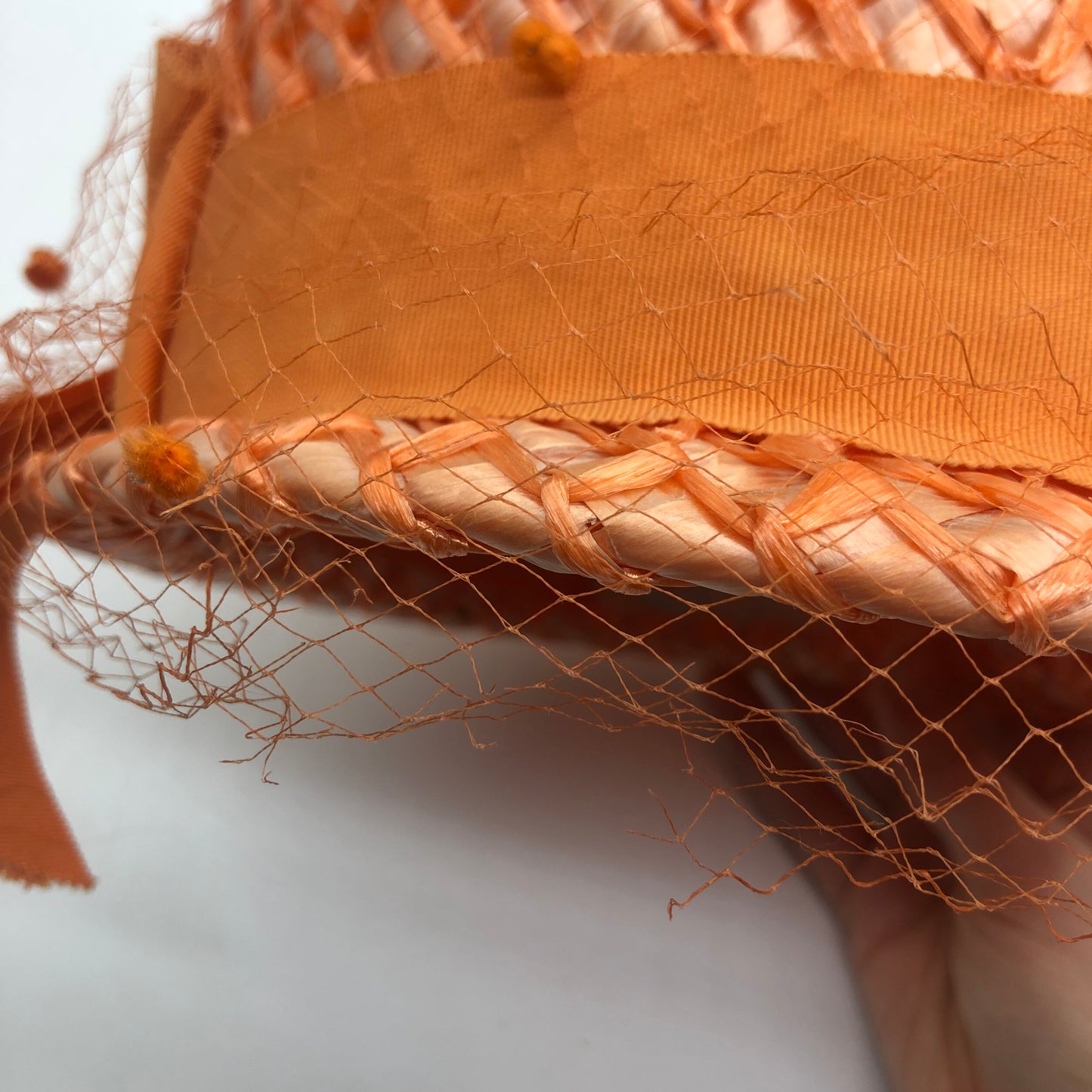 Orange Veiled Raffia Cloche Hat Ranleigh Brand 1960's Style Pipe Cleaner Dots Ribbon Hatband And Bow