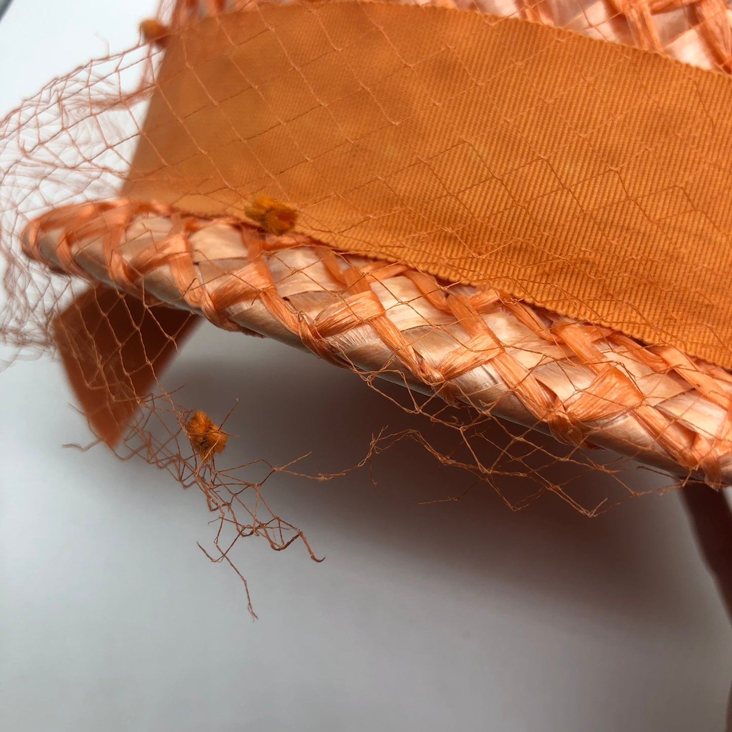 Orange Veiled Raffia Cloche Hat Ranleigh Brand 1960's Style Pipe Cleaner Dots Ribbon Hatband And Bow