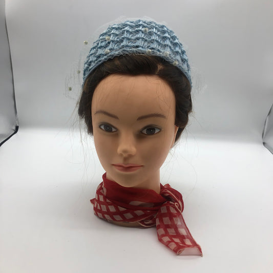 Blue Veiled Raffia Pillbox Hat Ribbon Bow 1960's Union Made Pipe Cleaner Dots