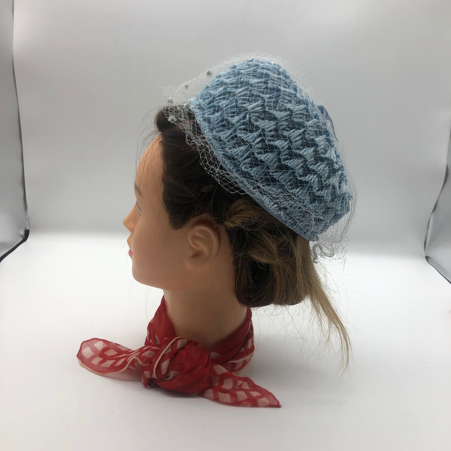 Blue Veiled Raffia Pillbox Hat Ribbon Bow 1960's Union Made Pipe Cleaner Dots