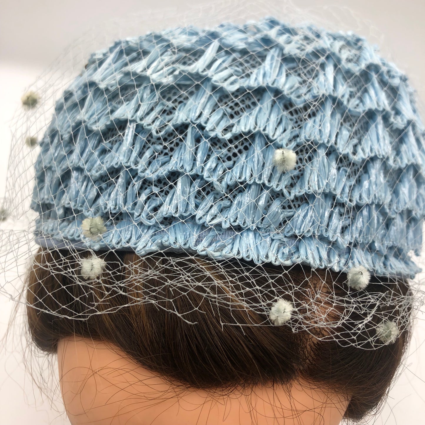 Blue Veiled Raffia Pillbox Hat Ribbon Bow 1960's Union Made Pipe Cleaner Dots