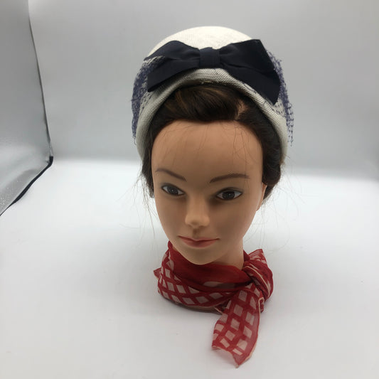 White Pillbox Hat 1960's Vintage Navy Blue Veil And Ribbon Bow