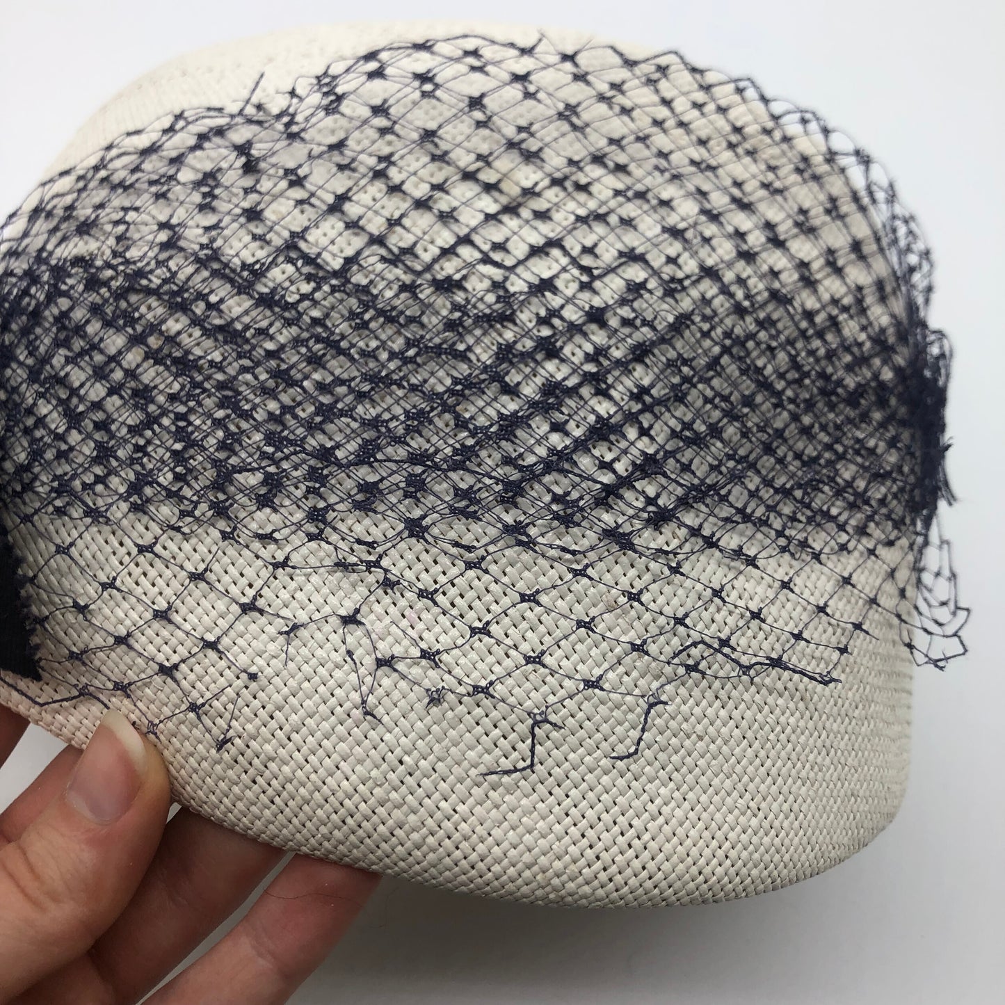 White Pillbox Hat 1960's Vintage Navy Blue Veil And Ribbon Bow